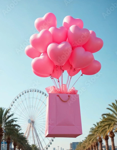 Obraz A large pink gift box is floating in the air, filled with numerous pink heart-shaped balloons . The background features modern buildings on either side, with palm trees and a large Ferris wheel