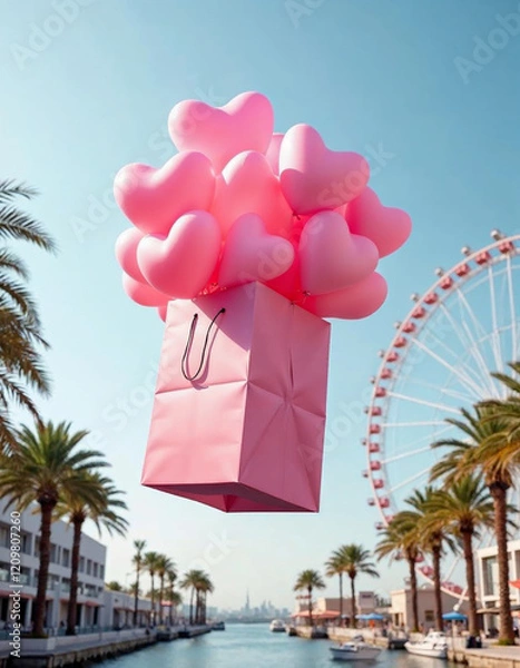 Obraz A large pink gift box is floating in the air, filled with numerous pink heart-shaped balloons . The background features modern buildings on either side, with palm trees and a large Ferris wheel
