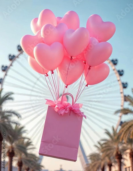 Obraz A large pink gift box is floating in the air, filled with numerous pink heart-shaped balloons . The background features modern buildings on either side, with palm trees and a large Ferris wheel