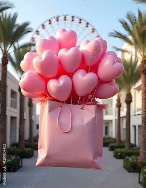 Obraz A large pink gift box is floating in the air, filled with numerous pink heart-shaped balloons . The background features modern buildings on either side, with palm trees and a large Ferris wheel