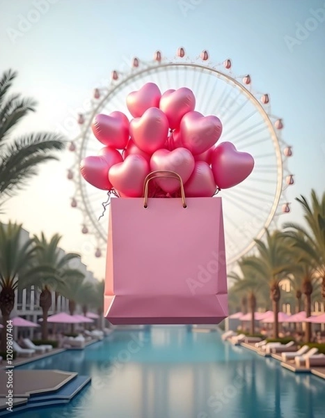 Obraz A large pink gift box is floating in the air, filled with numerous pink heart-shaped balloons . The background features modern buildings on either side, with palm trees and a large Ferris wheel
