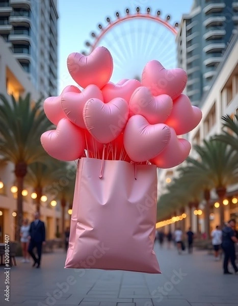 Obraz A large pink gift box is floating in the air, filled with numerous pink heart-shaped balloons . The background features modern buildings on either side, with palm trees and a large Ferris wheel