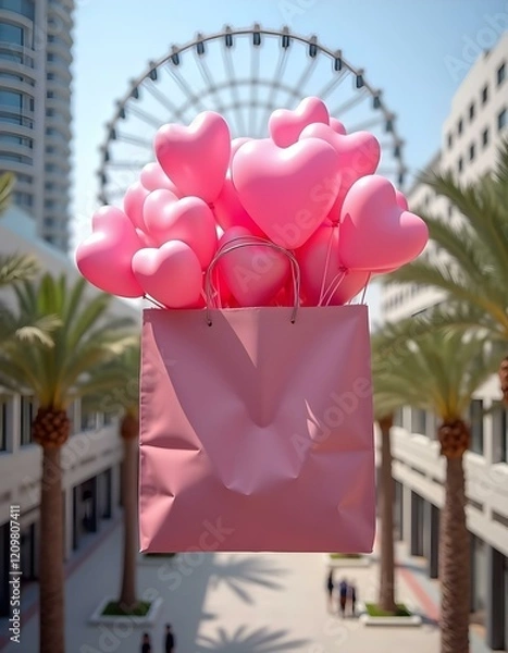 Obraz A large pink gift box is floating in the air, filled with numerous pink heart-shaped balloons . The background features modern buildings on either side, with palm trees and a large Ferris wheel