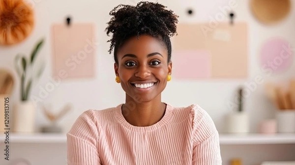 Fototapeta E-Learning online idea. Cheerful woman smiling against a colorful background in a creative workspace.