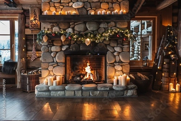 Fototapeta A fireplace with christmas decorations and candles in a rustic and cozy living room