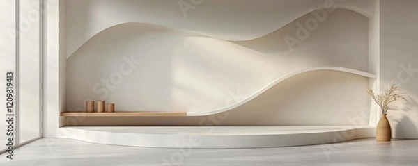 Fototapeta A minimalist interior featuring wavy wall designs, a wooden shelf, and subtle decor elements, creating a serene and modern atmosphere.