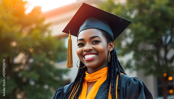 Fototapeta Smiling African American Graduate in Cap and Gown. A joyful African American woman wearing a graduation cap and gown, smiling broadly