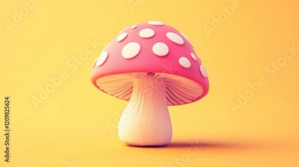 Fototapeta A cartoon mushroom with a pink cap covered in white dots, on a pastel orange background.
