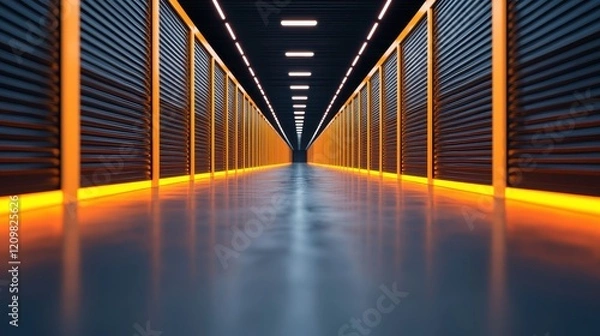 Obraz Modern Storage Facility Corridor with Illuminated Orange Lighting