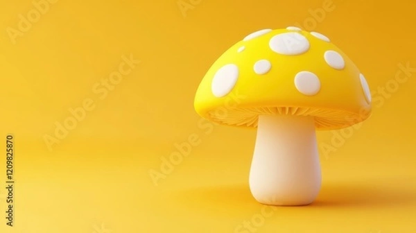 Fototapeta A cartoon mushroom with a yellow cap and white dots, on a light orange background.