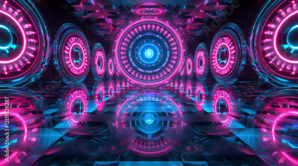 Fototapeta Futuristic Neon Sci-Fi Tunnel with Reflections