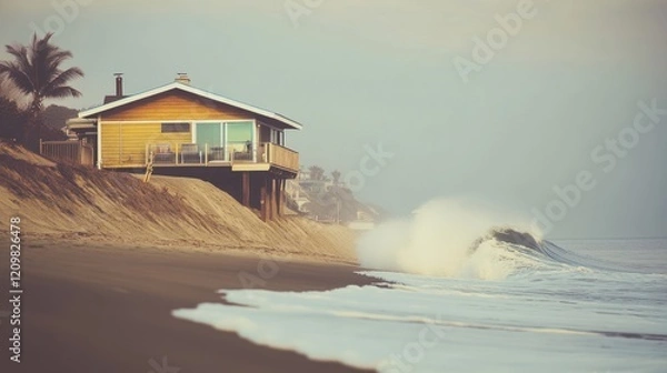 Fototapeta Coastal House and Crashing Wave: A Serene Beachfront Scene