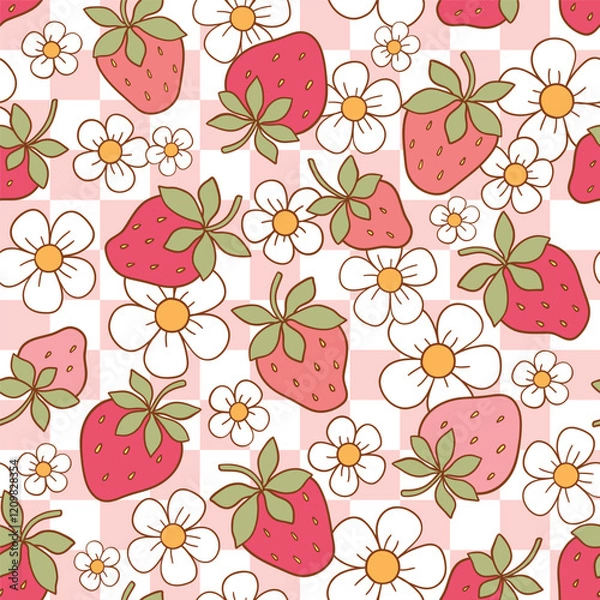 Fototapeta Seamless vector pattern with groovy strawberries and white tiny flowers. Hand drawn vintage spring background. Perfect for textile, wallpaper or nursery print design. EPS10 vector file.