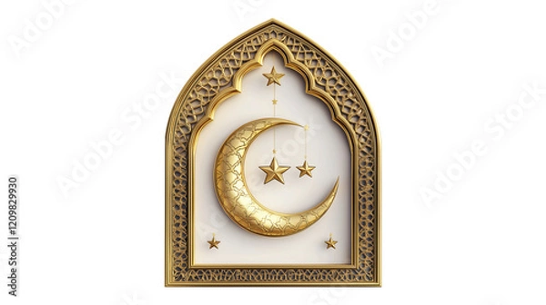 Fototapeta Ramadan greeting card, golden crescent moon and stars, intricate Islamic geometric patterns with transparent background