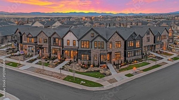 Obraz Luxury Townhomes at Sunset:  A Stunning Aerial View of Modern Architecture in a Mountain Community