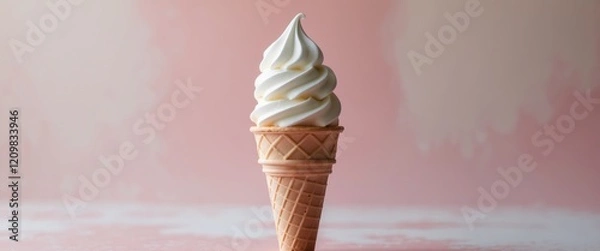 Obraz Vanilla Soft Serve Ice Cream Cone on soft pink background.