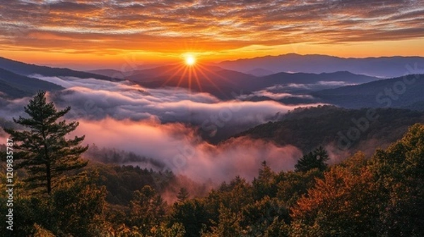 Fototapeta Misty mountain sunrise scene with soft golden light and glowing layers of clouds