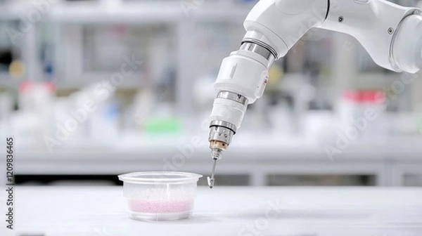 Obraz Robotic arm precisely placing sample in lab; blurred background