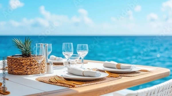 Fototapeta Luxury cruises on comfortable ships Elegant seaside dining setup with ocean view and vibrant decor.