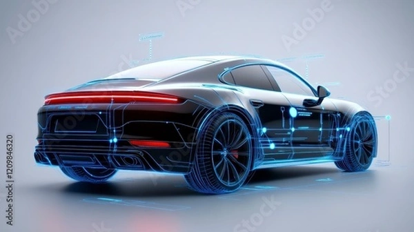 Fototapeta Sleek futuristic car design showcasing digital enhancements and technical schematics in a modern setting