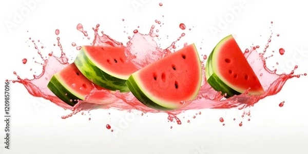 Fototapeta Watermelon and juice splash isolated on a white background, watermelon juice explosion or splashes in a summer banner for 