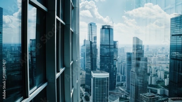 Fototapeta Skyscraper window view, city skyline, construction, clouds, success