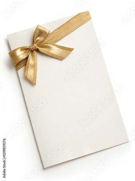 Fototapeta Blank white sheet with gold bow on isolated white background for your presentation or bussines design.