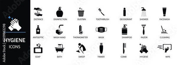 Fototapeta Hygiene icon set. Showcasing intricately designed representations of cleaning, disinfection, soap, bathing, sweep, shower, washing hands, clean and sanitation icons. Cleanliness concept. 