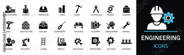 Obraz Engineering icon set. Containing blueprint, engineer, tools, mechanical, industrial, worker, engine, manufacturing and machinery icons. A well-organized collection of adaptable solid vector icons