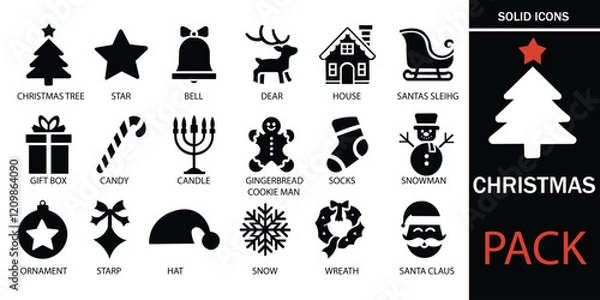 Fototapeta Christmas icons set vector illustrations. traditional symbols of New Year celebration, flat design. A well organized collection of adaptable solid vector icons