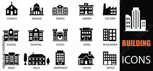 Fototapeta Building icon set. Showcasing intricately designed representations of house, office, bank, school, hotel, shop, university and hospital icons. A well organized collection of adaptable solid icons