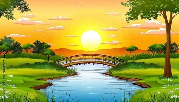 Fototapeta A wooden bridge spans a tranquil river in a lush green meadow with a vibrant sunset in the background.