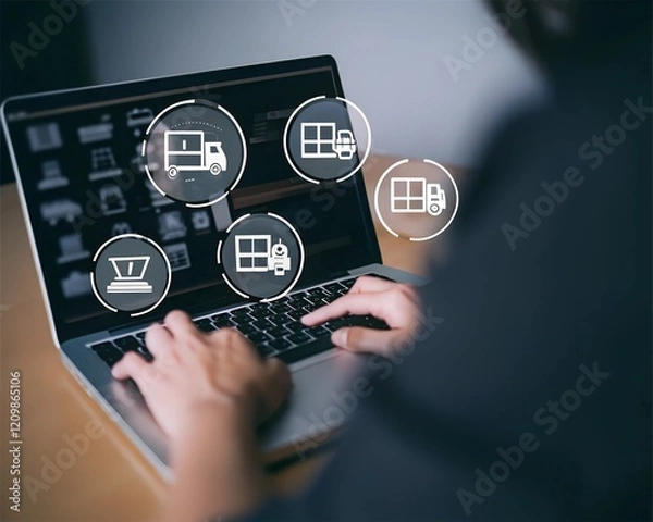 Fototapeta Procurement Management Industry concept. Person using laptop with procurement icon on virtual screen for with supply chain and retail logistics.