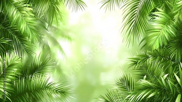 Fototapeta Lush tropical palm leaves frame a bright center creating a serene and inviting natural backdrop