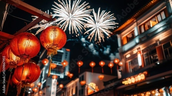 Fototapeta Dazzling Fireworks Lighting Up a Vibrant Chinese New Year in a Bustling City at Night