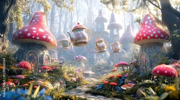 Fototapeta Alice in Wonderland Inspired Scene with Teapots Floating in the Air Amidst Magical Imagery
