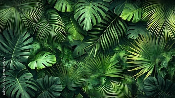 Fototapeta Lush Tropical Foliage Dense Green Jungle Leaves Pattern Nature Background Natural Texture