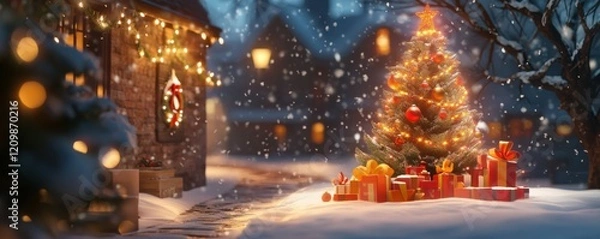 Fototapeta A festive Christmas scene with a decorated tree, presents under the tree, and snow falling outside.