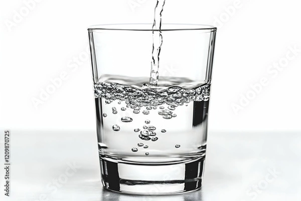 Fototapeta Water is being poured into a transparent glass, creating bubbles and ripples.