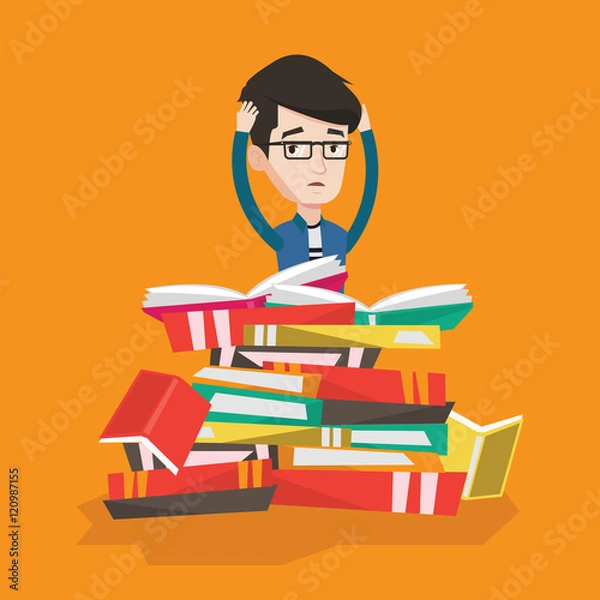 Fototapeta Student sitting in huge pile of books.