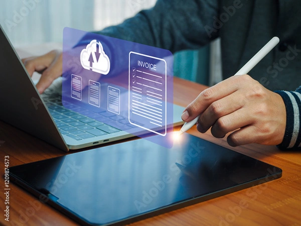 Fototapeta Digital online e-invoice concept, e-tax invoice documents on the Internet online, fast and convenient connection to customers and business people.
