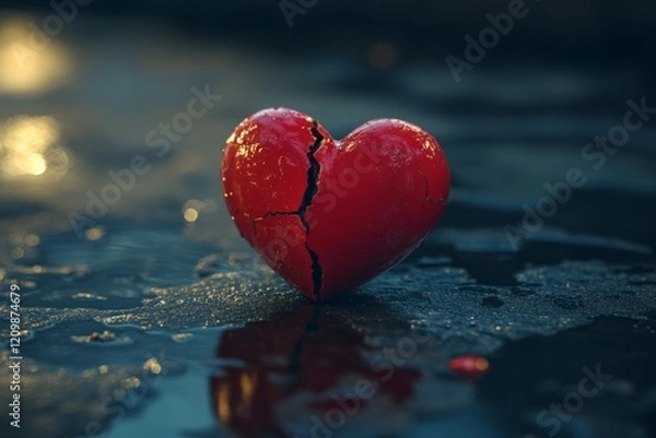 Obraz Cracked red heart resting on wet surface, symbolizing love and heartbreak during twilight