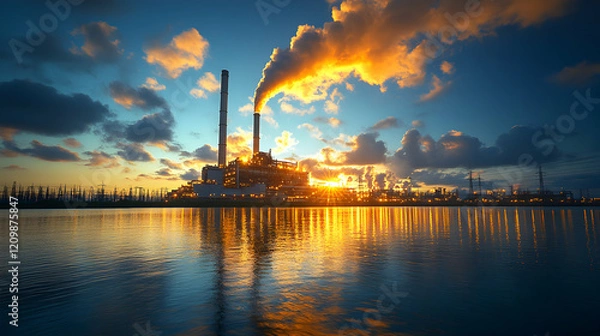 Fototapeta Golden sunlight reflects on water at dusk, highlighting industrial smokestacks against clouds.