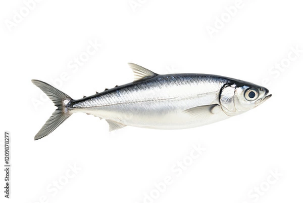 Fototapeta Fresh sardine fish with detailed scales and fins isolated on white transparent background, symbolizing canned seafood
