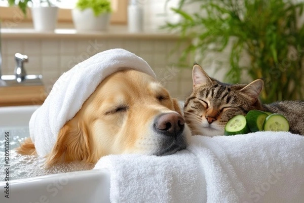 Obraz Spa time for dog and cat with cucumber slices.