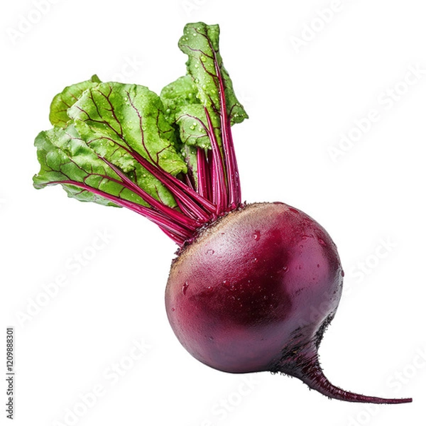 Fototapeta fresh beetroot with vibrant green leaves. showcasing its rich purple skin and distinct shape the beetroot is often used in cooking and salads. highlighting its nutritional benefits and versatility in