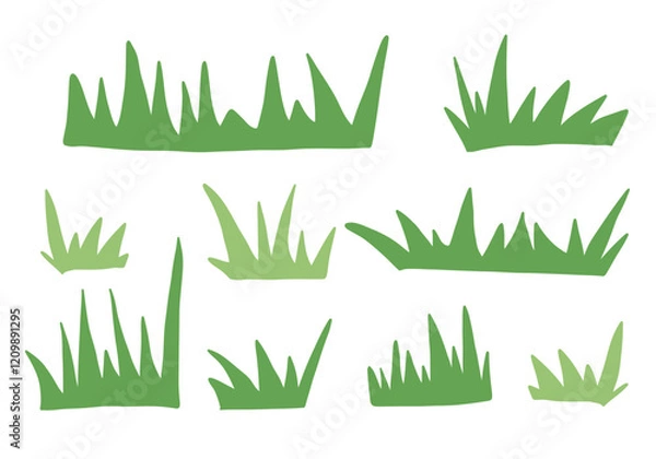 Fototapeta A set of 9 hand-drawn vector illustrations of various grass tufts. Perfect for creating natural scenes, backgrounds, and illustrations