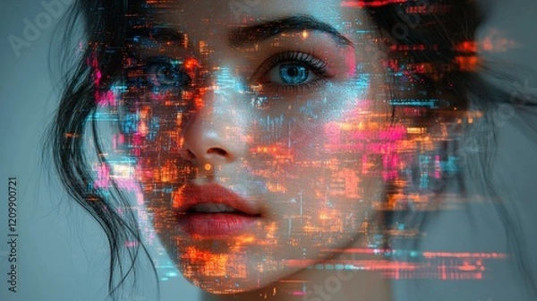 Fototapeta A colorful digital portrait of a person with glitch effects, pixel distortions, and holographic elements. 457