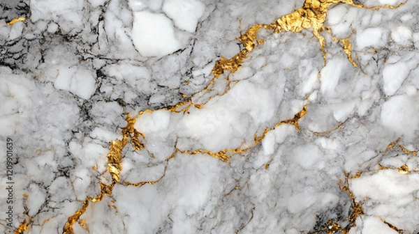 Obraz Close-Up of White Marble with Intricate Gold Veins and Textured Surface
