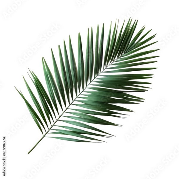 Fototapeta a vibrant green palm leaf is displayed against a clean. white background. highlighting its intricate fronds and natural beauty design. decoration. or as a symbol of tropical environments and relaxatio